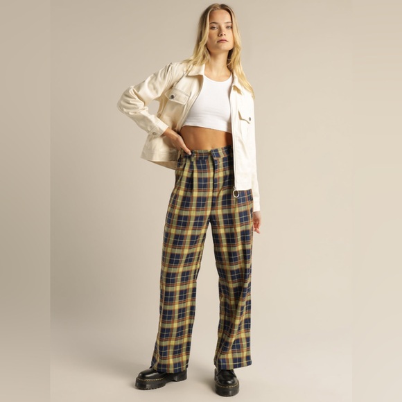 Stussy Pants - Stussy Plaid Wide-Leg Pants in Yellow and Blue